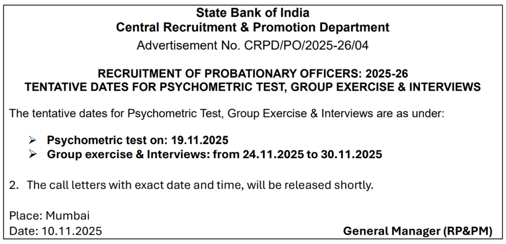 SBI PO 2025 Interview Dates Out, Notification for 541 Vacancies