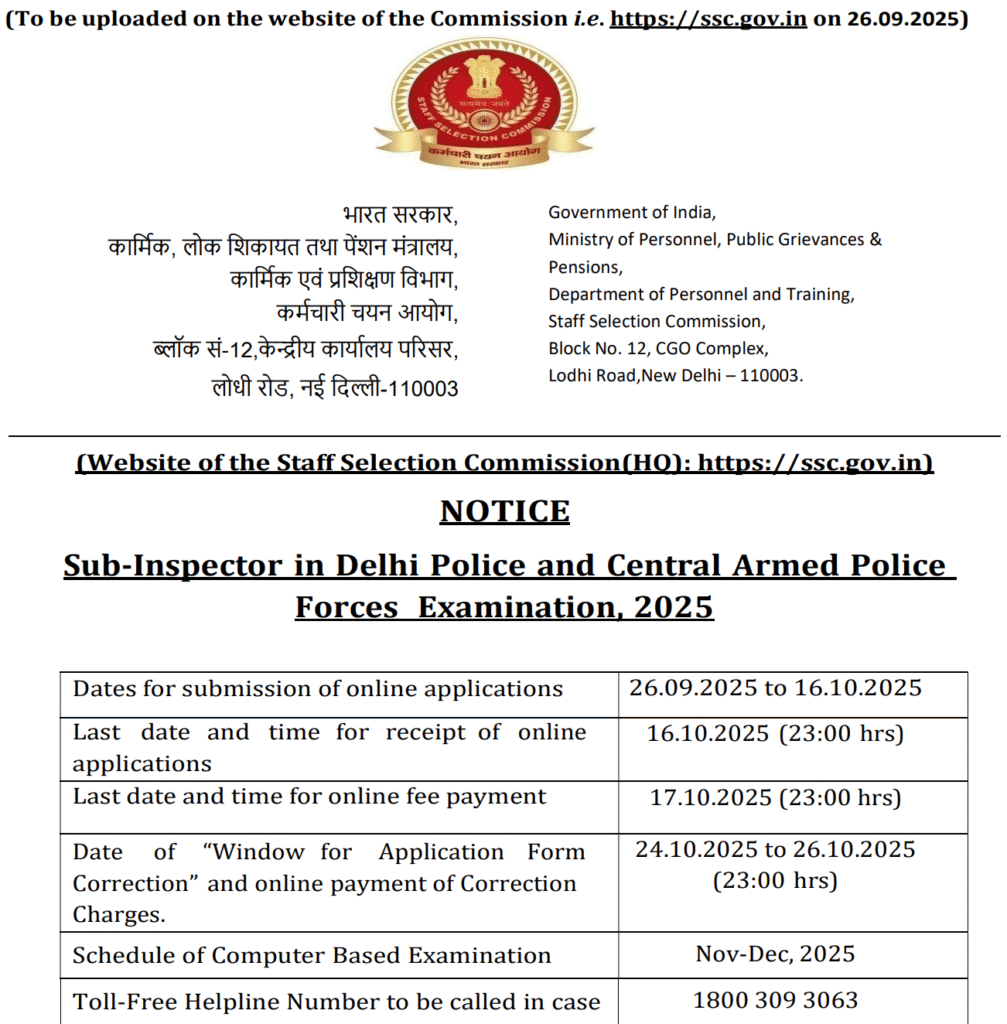 SSC CPO SI Exam City Details 2025